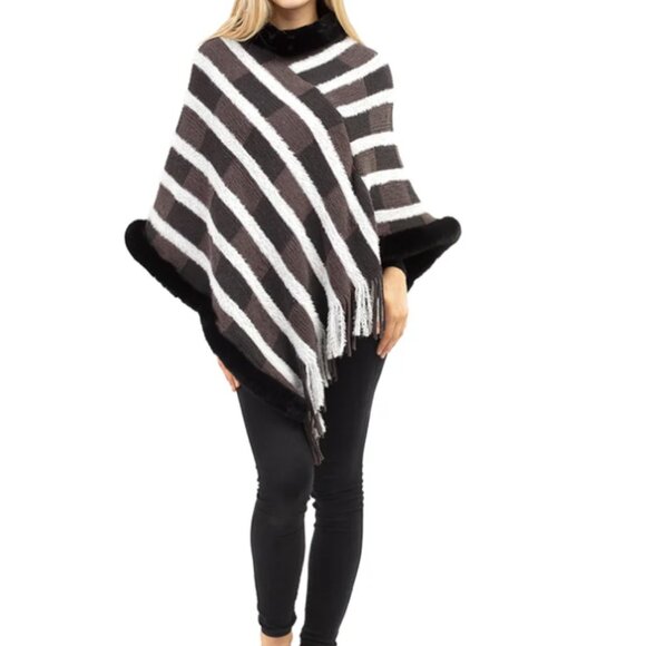 One Size Poncho Fringe Detail Asymmetrical Cozy Sweater Winter - Picture 1 of 7